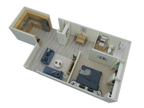Floor plan for 1 bed, 1 bath, 750 sqft